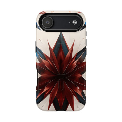 Garnet Starburst iPhone 17 Air MagSafe case featuring a bold red geometric starburst pattern with sharp symmetrical lines on a light background.