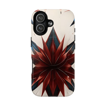Garnet Starburst iPhone 17 MagSafe case featuring a bold red geometric starburst pattern with sharp symmetrical lines on a light background.