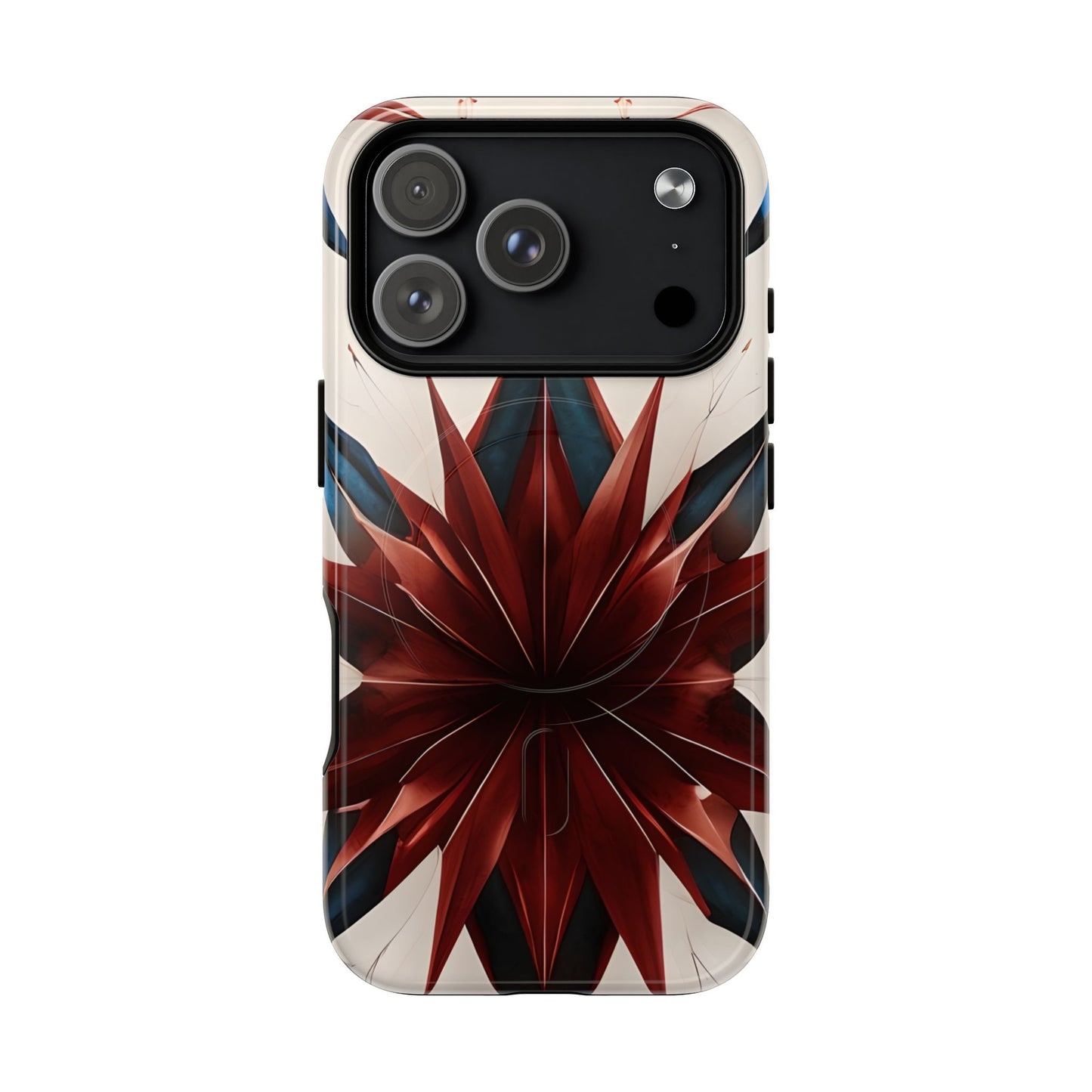 Garnet Starburst iPhone 17 Pro MagSafe case featuring a bold red geometric starburst pattern with sharp symmetrical lines on a light background.