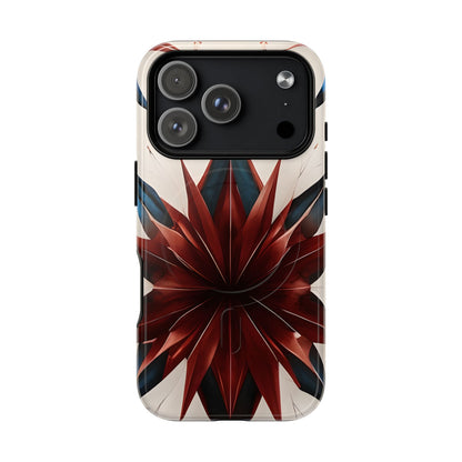 Garnet Starburst iPhone 17 Pro MagSafe case featuring a bold red geometric starburst pattern with sharp symmetrical lines on a light background.