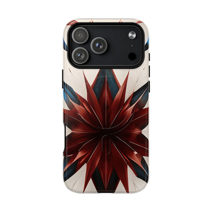 Garnet Starburst iPhone 17 Pro Max MagSafe case featuring a bold red geometric starburst pattern with sharp symmetrical lines on a light background.