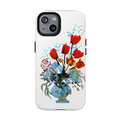 Bouquet Brilliance red tulip floral iPhone 14 MagSafe case featuring a vibrant bouquet of red tulips arranged in a blue vase with abstract botanical accents.