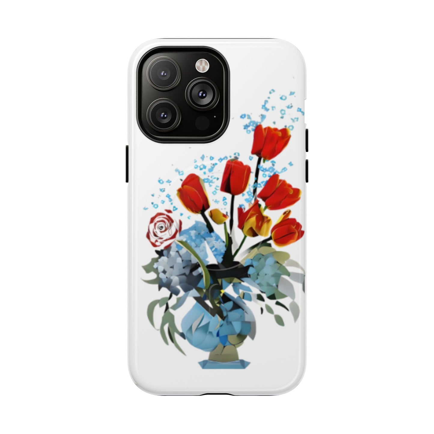 Bouquet Brilliance red tulip floral iPhone 14 Pro Max MagSafe case featuring a vibrant bouquet of red tulips arranged in a blue vase with abstract botanical accents.