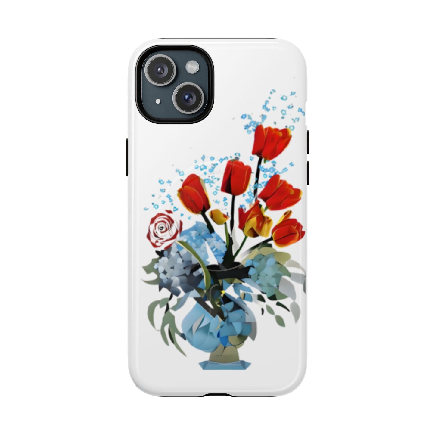 Bouquet Brilliance red tulip floral iPhone 15 Plus MagSafe case featuring a vibrant bouquet of red tulips arranged in a blue vase with abstract botanical accents.