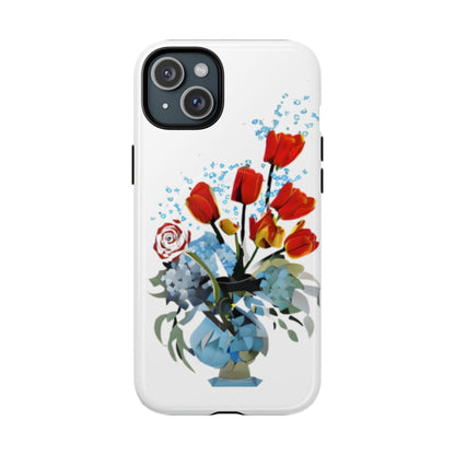 Bouquet Brilliance red tulip floral iPhone 15 Plus MagSafe case featuring a vibrant bouquet of red tulips arranged in a blue vase with abstract botanical accents.