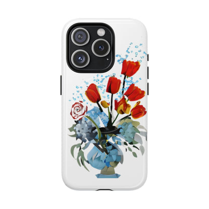 Bouquet Brilliance red tulip floral iPhone 15 Pro MagSafe case featuring a vibrant bouquet of red tulips arranged in a blue vase with abstract botanical accents.