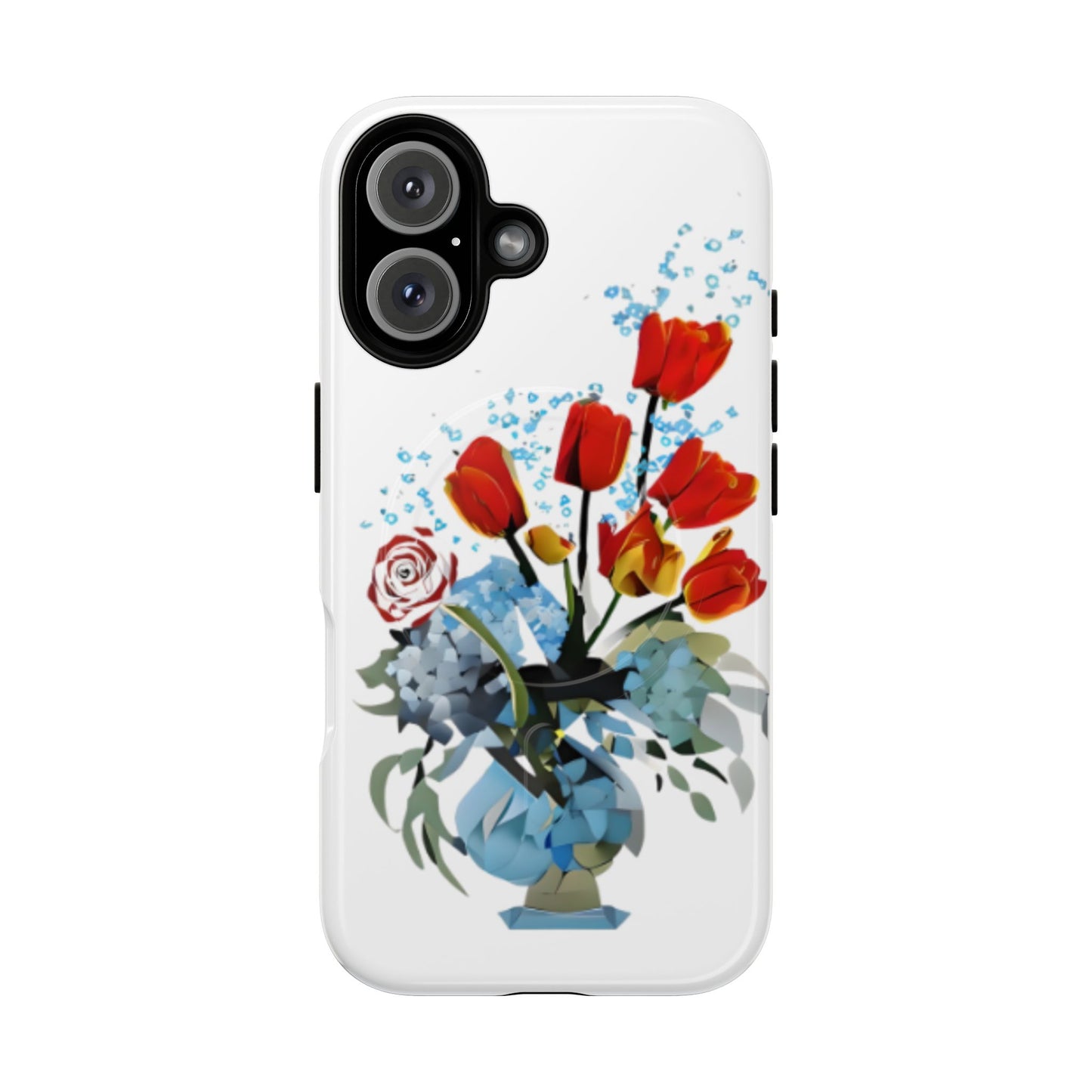 Bouquet Brilliance red tulip floral iPhone 16 MagSafe case featuring a vibrant bouquet of red tulips arranged in a blue vase with abstract botanical accents.