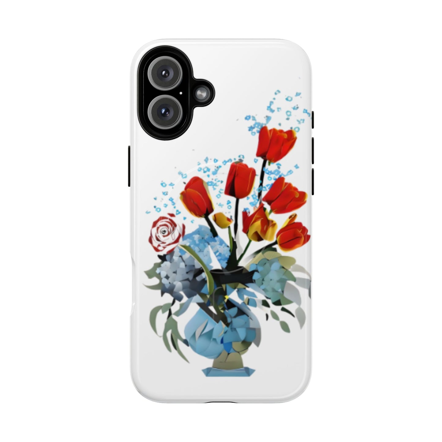 Bouquet Brilliance red tulip floral iPhone 16 Plus MagSafe case featuring a vibrant bouquet of red tulips arranged in a blue vase with abstract botanical accents.