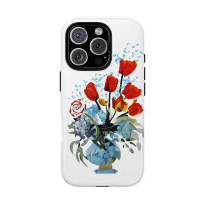 Bouquet Brilliance red tulip floral iPhone 16 Pro MagSafe case featuring a vibrant bouquet of red tulips arranged in a blue vase with abstract botanical accents.