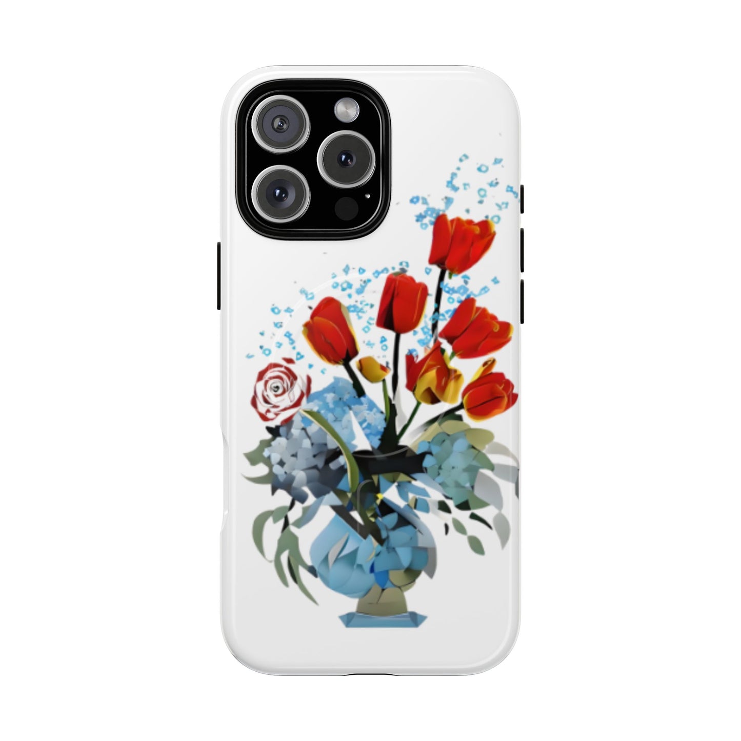 Bouquet Brilliance red tulip floral iPhone 16 Pro Max MagSafe case featuring a vibrant bouquet of red tulips arranged in a blue vase with abstract botanical accents.