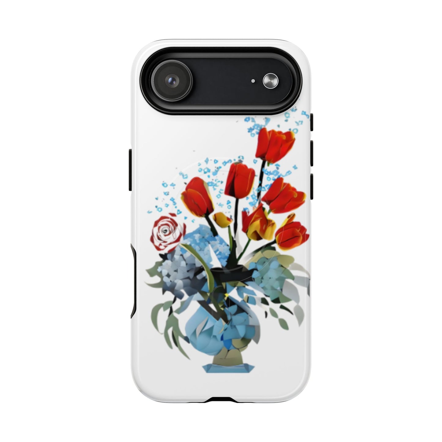 Bouquet Brilliance red tulip floral iPhone 17 Air MagSafe case featuring a vibrant bouquet of red tulips arranged in a blue vase with abstract botanical accents.