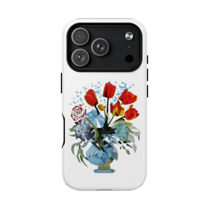 Bouquet Brilliance red tulip floral iPhone 17 Pro MagSafe case featuring a vibrant bouquet of red tulips arranged in a blue vase with abstract botanical accents.
