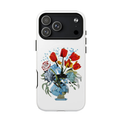 Bouquet Brilliance red tulip floral iPhone 17 Pro Max MagSafe case featuring a vibrant bouquet of red tulips arranged in a blue vase with abstract botanical accents.