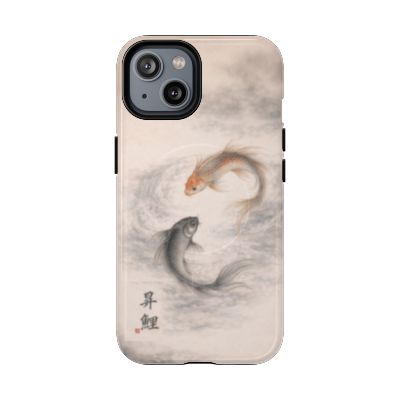 Rising Koi iPhone 14 case – minimalist koi illustration, lightweight slim phone case, soft neutral tones with flowing fish design, aesthetic protective cover