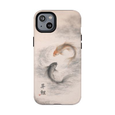 Rising Koi iPhone 14 Plus case – minimalist Japanese koi fish design, soft neutral tones with orange and black koi, slim protective phone case, elegant water-inspired artwork