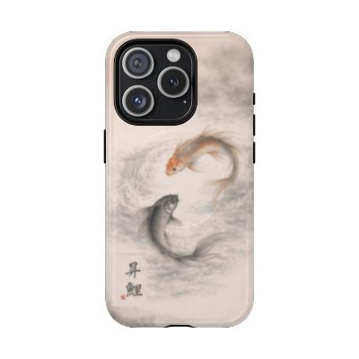 Rising Koi iPhone 15 Pro case – Japanese ink koi fish artwork, neutral water-inspired aesthetic, durable dual-layer protective phone case