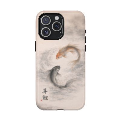 Rising Koi iPhone 15 Pro Max case – minimalist koi illustration, lightweight slim phone case, soft neutral tones with flowing fish design, aesthetic protective cover