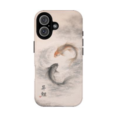 Rising Koi iPhone 16 case – minimalist Japanese zen koi fish design, soft neutral tones with orange and black koi, slim protective phone case, elegant water-inspired artwork