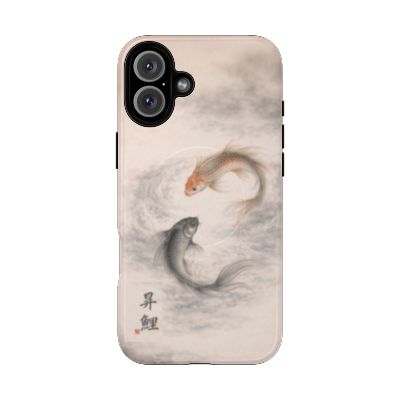 Rising Koi iPhone 16 Plus case – minimalist koi illustration, lightweight slim phone case, soft neutral tones with flowing fish design, aesthetic protective cover