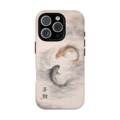 Rising Koi iPhone 16 Pro case – minimalist koi illustration, lightweight slim phone case, soft neutral tones with flowing fish design, aesthetic protective cover