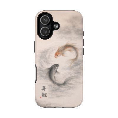 Rising Koi iPhone 17 case – minimalist Japanese koi fish design, soft neutral tones with orange and black koi, slim protective phone case, elegant water-inspired artwork