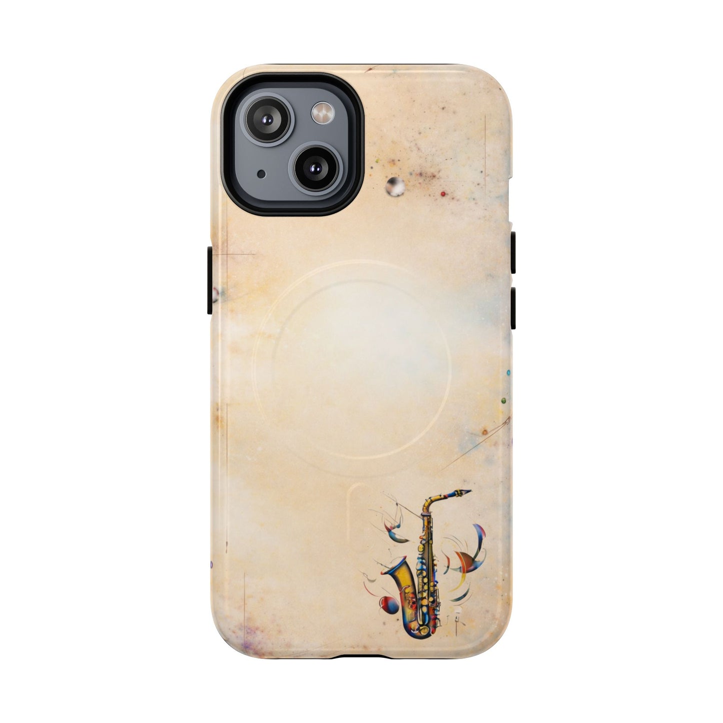 Brass Rhapsody iPhone 14 MagSafe case featuring a stylized saxophone with abstract musical elements on a soft neutral background.
