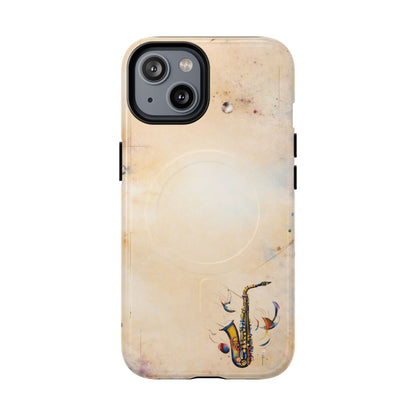 Brass Rhapsody iPhone 14 MagSafe case featuring a stylized saxophone with abstract musical elements on a soft neutral background.