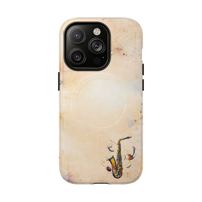 Brass Rhapsody iPhone 14 Pro MagSafe case featuring a stylized saxophone with abstract musical elements on a soft neutral background.