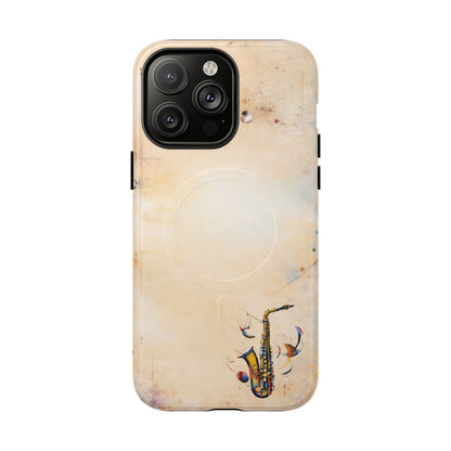 Brass Rhapsody iPhone 14 Pro Max MagSafe case featuring a stylized saxophone with abstract musical elements on a soft neutral background.