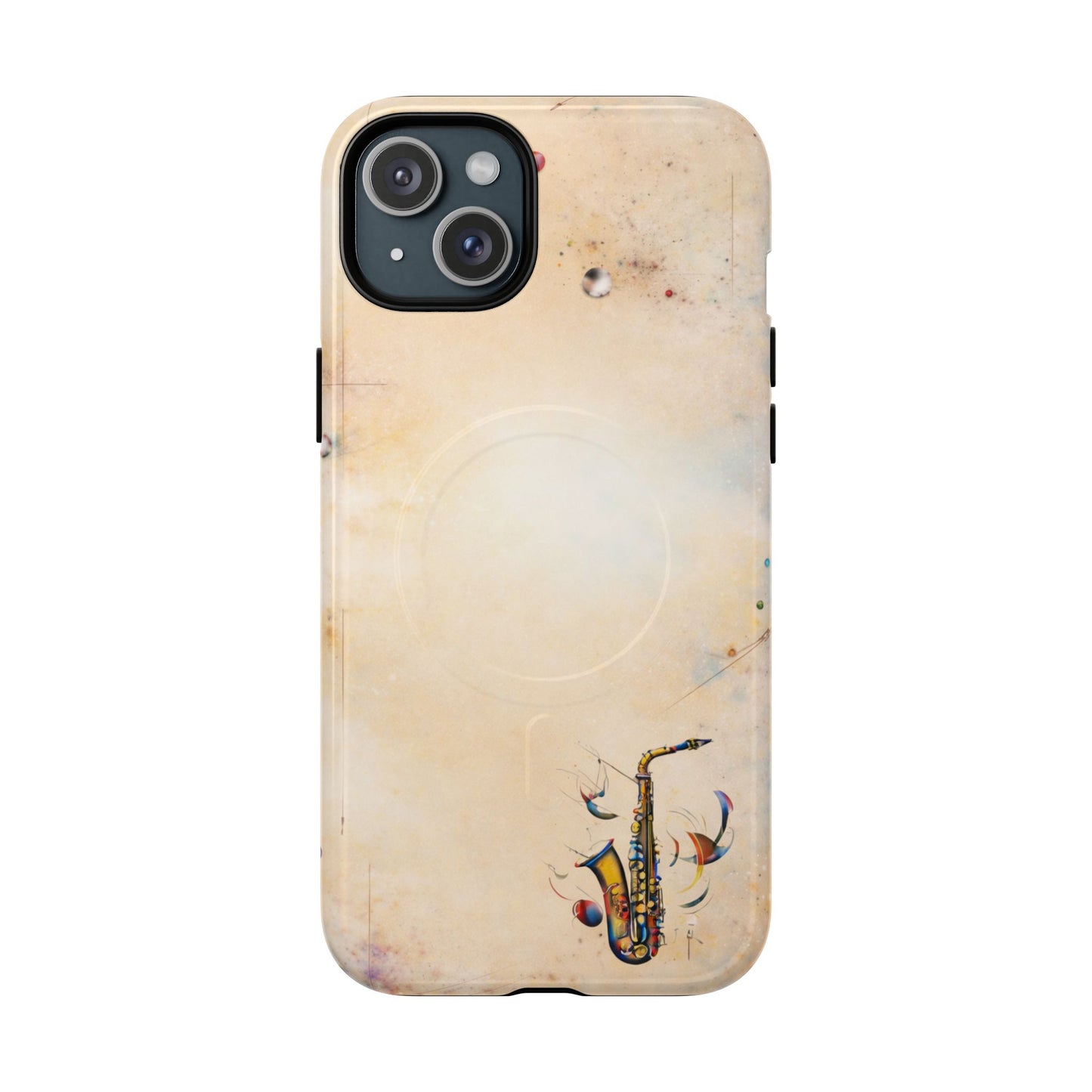Brass Rhapsody iPhone 15 Plus MagSafe case featuring a stylized saxophone with abstract musical elements on a soft neutral background.