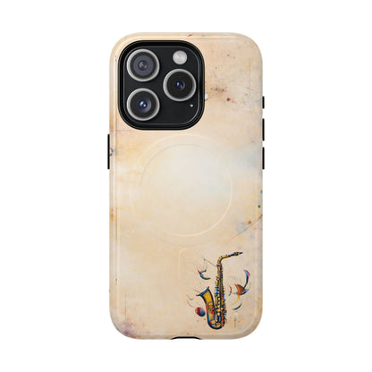 Brass Rhapsody iPhone 15 Pro MagSafe case featuring a stylized saxophone with abstract musical elements on a soft neutral background.
