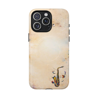 Brass Rhapsody iPhone 15 Pro Max MagSafe case featuring a stylized saxophone with abstract musical elements on a soft neutral background.