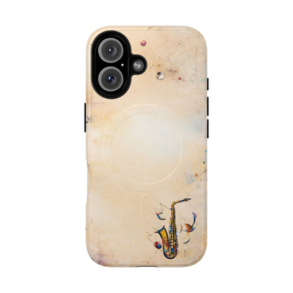 Brass Rhapsody iPhone 16 MagSafe case featuring a stylized saxophone with abstract musical elements on a soft neutral background.