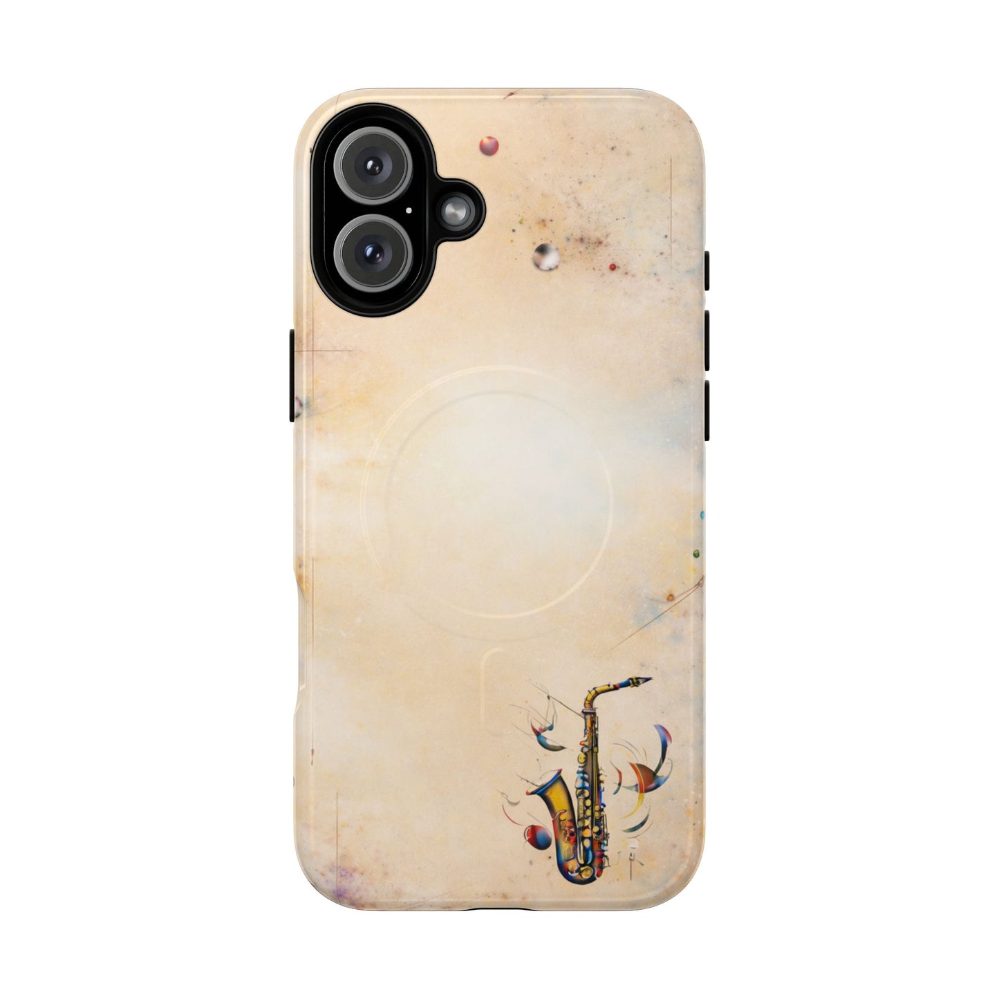Brass Rhapsody iPhone 16 Plus MagSafe case featuring a stylized saxophone with abstract musical elements on a soft neutral background.