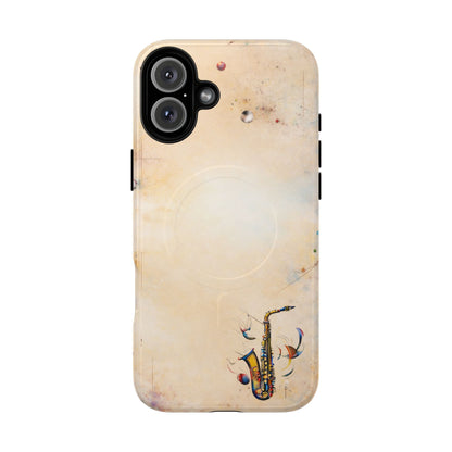 Brass Rhapsody iPhone 16 Plus MagSafe case featuring a stylized saxophone with abstract musical elements on a soft neutral background.