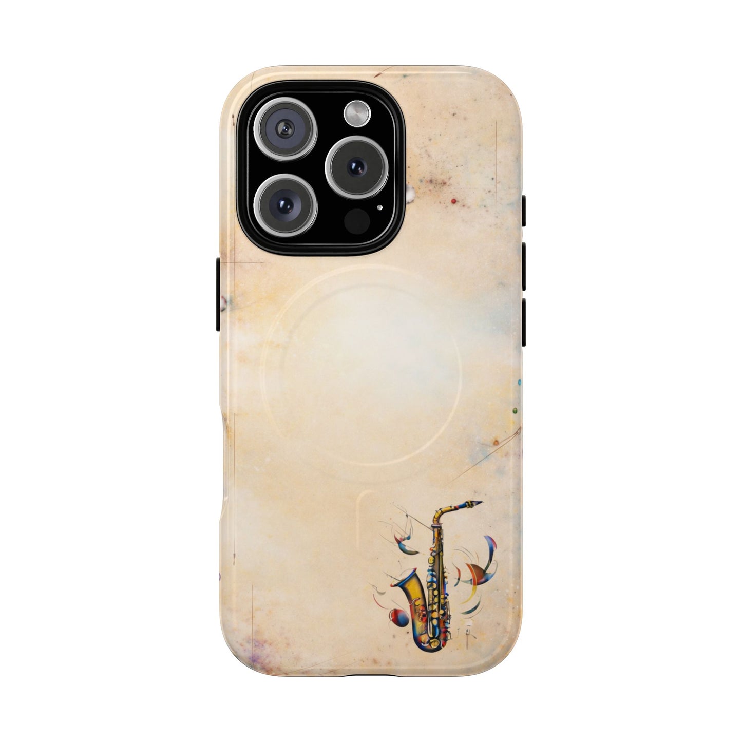 Brass Rhapsody iPhone 16 Pro MagSafe case featuring a stylized saxophone with abstract musical elements on a soft neutral background.