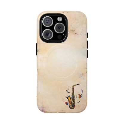 Brass Rhapsody iPhone 16 Pro MagSafe case featuring a stylized saxophone with abstract musical elements on a soft neutral background.