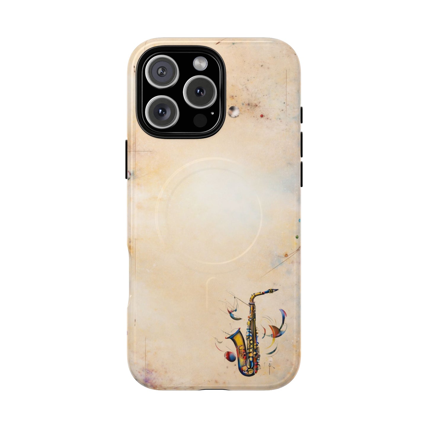 Brass Rhapsody iPhone 16 Pro Max MagSafe case featuring a stylized saxophone with abstract musical elements on a soft neutral background.