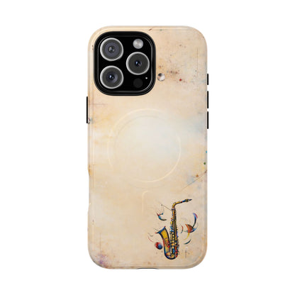 Brass Rhapsody iPhone 16 Pro Max MagSafe case featuring a stylized saxophone with abstract musical elements on a soft neutral background.
