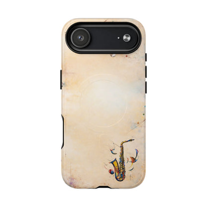 Brass Rhapsody iPhone 17 Air MagSafe case featuring a stylized saxophone with abstract musical elements on a soft neutral background.