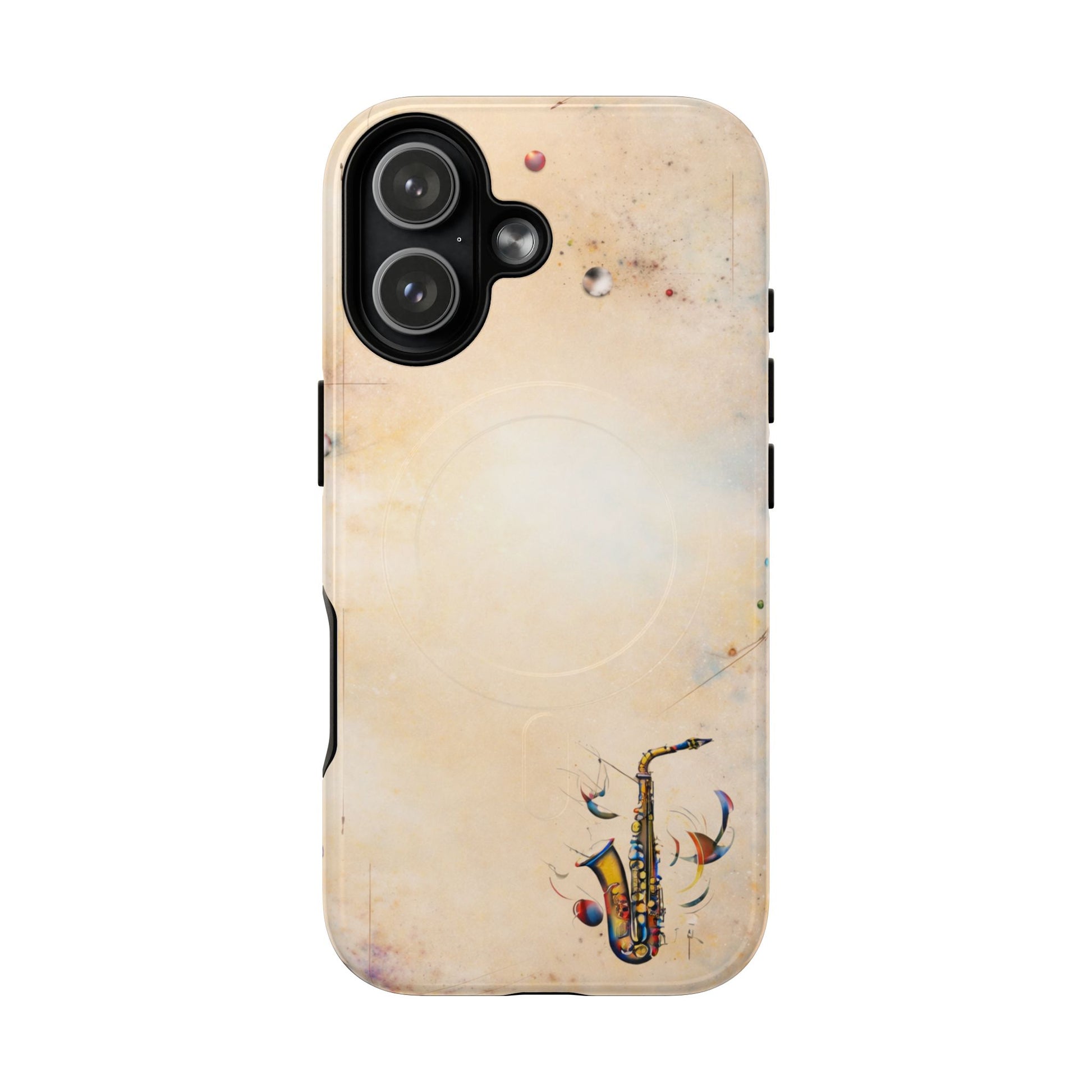 Brass Rhapsody iPhone 17 MagSafe case featuring a stylized saxophone with abstract musical elements on a soft neutral background.