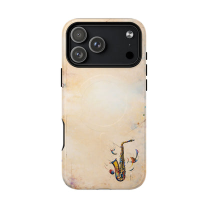 Brass Rhapsody iPhone 17 Pro Max MagSafe case featuring a stylized saxophone with abstract musical elements on a soft neutral background.