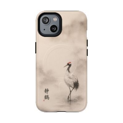 Serene Crane iPhone 14 case – Japanese ink crane artwork, neutral minimalist aesthetic, durable dual-layer protective phone case