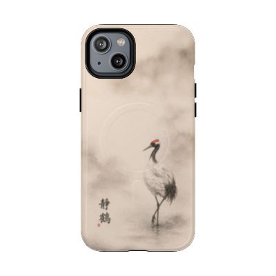 Serene Crane iPhone 14 Plus case – Japanese ink crane artwork, neutral minimalist aesthetic, durable dual-layer protective phone case