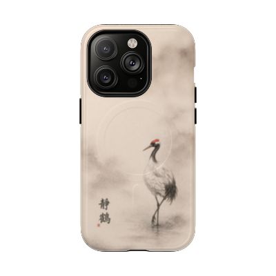 Serene Crane iPhone 14 Pro case – minimalist Japanese crane design, soft neutral aesthetic, slim protective phone case, elegant nature-inspired artwork