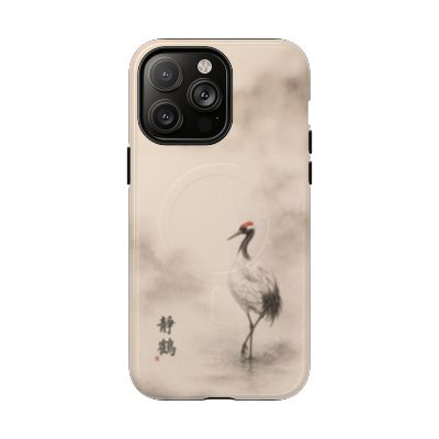Serene Crane iPhone 14 Pro Max case – minimalist crane illustration, lightweight slim phone case, soft neutral tones, aesthetic protective cover