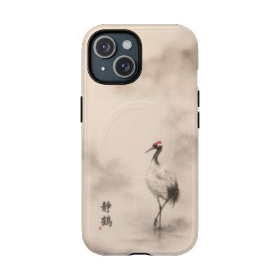 Serene Crane iPhone 15 case – minimalist crane illustration, lightweight slim phone case, soft neutral tones, aesthetic protective cover