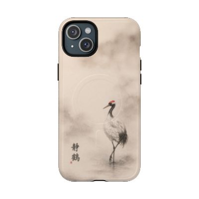 Serene Crane iPhone 15 Plus case – minimalist crane illustration, lightweight slim phone case, soft neutral tones, aesthetic protective cover