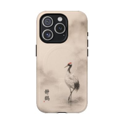 Serene Crane iPhone 15 Pro case – Japanese ink crane artwork, neutral minimalist aesthetic, durable dual-layer protective phone case