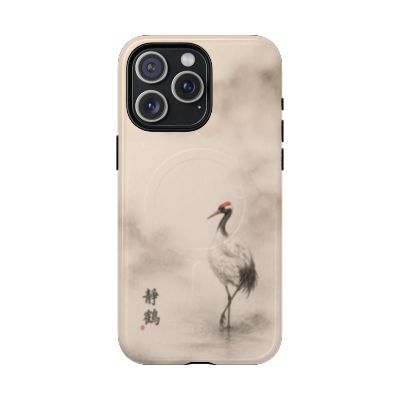 Serene Crane iPhone 15 Pro Max case – minimalist Japanese crane design, soft neutral aesthetic, slim protective phone case, elegant nature-inspired artwork